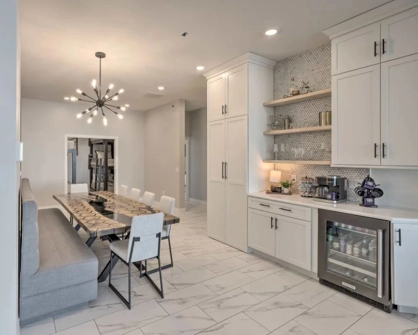 Completed cabinet design and install in a kitchen and dining area